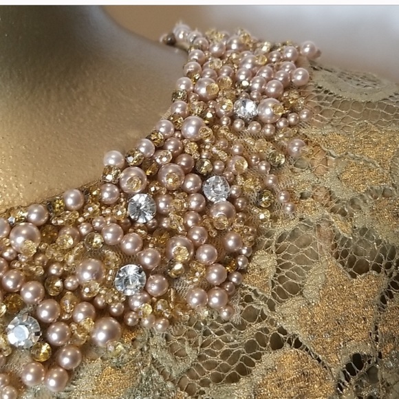 TERI JON GOLD LACE OVERLAY DRESS WITH BEADED NECKLINE - Picture 2 of 6